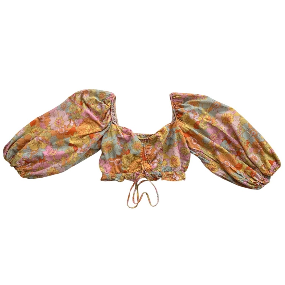 Show Me Your Mumu Floral Puff Sleeve Crop Top Womens Medium Orange Pink Boho
